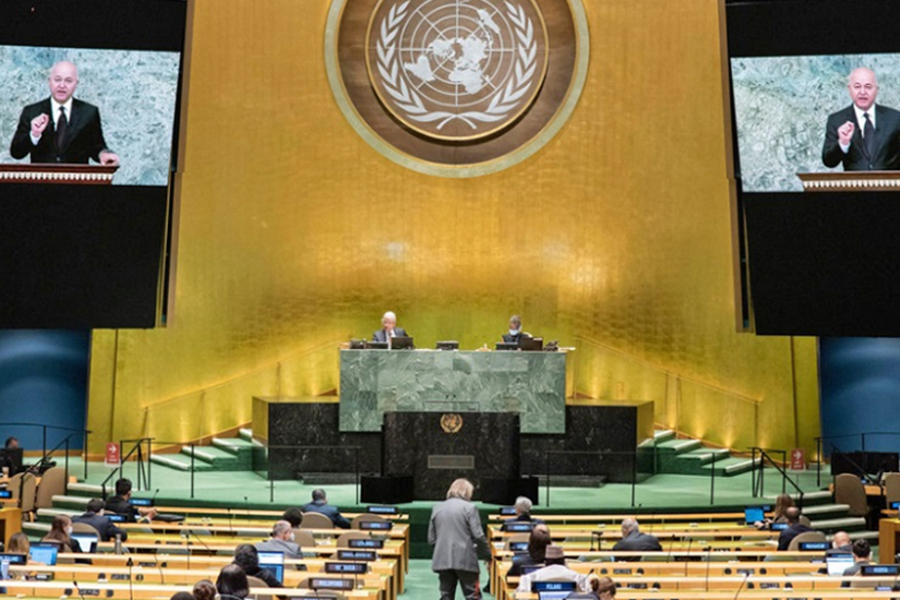El presidente iraquí Barham Salih se dirige al debate general de la Asamblea General de la ONU, 23 de septiembre de 2020.