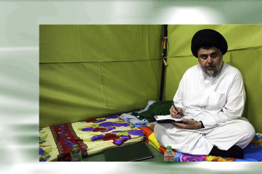 Sheij Moqtada Al Sadr instalado en su tienda durante la sentada (Foto Global Issues web).