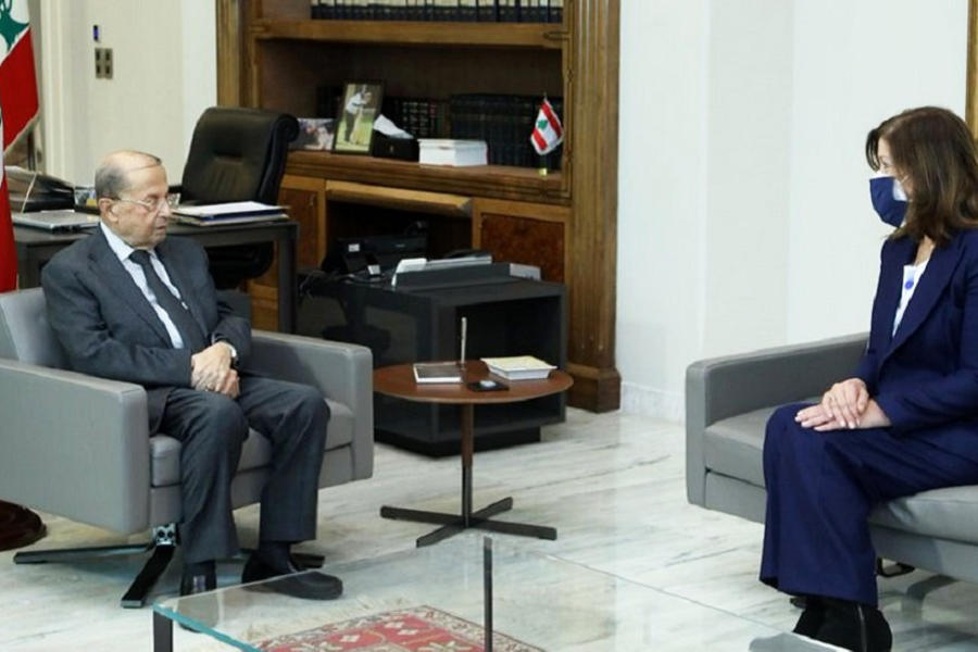 Presidente libanés, Michel Aoun, y la embajadora de Estados Unidos en Líbano, Dorothy Shea. Foto: NNA.
