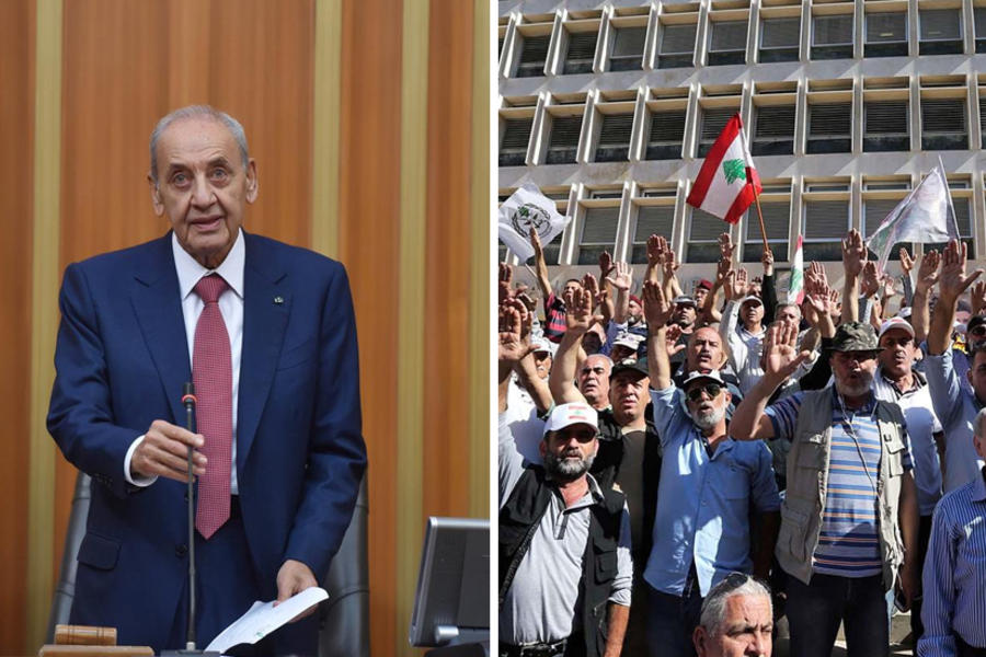 A la izquierda, el Jefe del Parlamento, Nabih Berri; a la derecha, manifestantes en las cercanías del recinto.