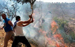 Palestinos intentan extinguir un incendio después de que los colonos israelíes lo incendiaran en la Ribera Occidental el 30 de junio de 2018. Foto: Anadolu.