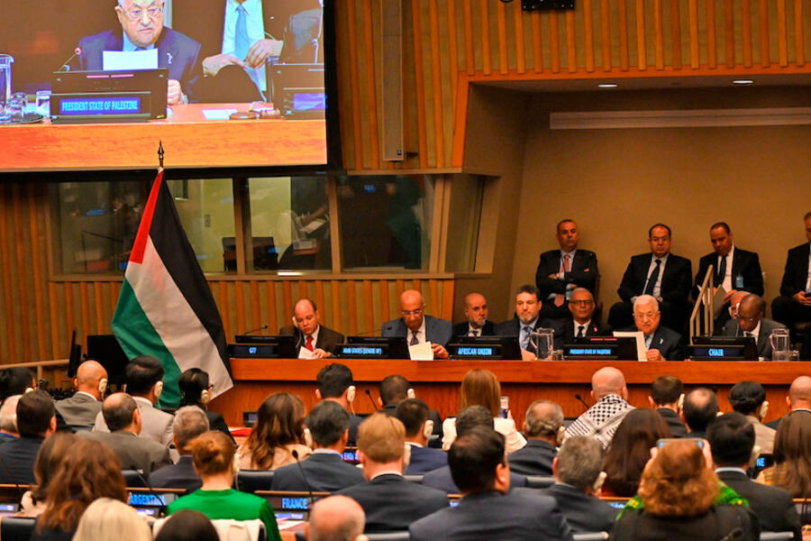 El presidente de la Autoridad Palestina, Mahmoud Abbas, habla en un evento de la ONU que conmemora la Nakba palestina, en Nueva York, el 15 de mayo de 2023. Foto: WAFA.