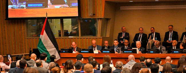 El presidente de la Autoridad Palestina, Mahmoud Abbas, habla en un evento de la ONU que conmemora la Nakba palestina, en Nueva York, el 15 de mayo de 2023. Foto: WAFA.