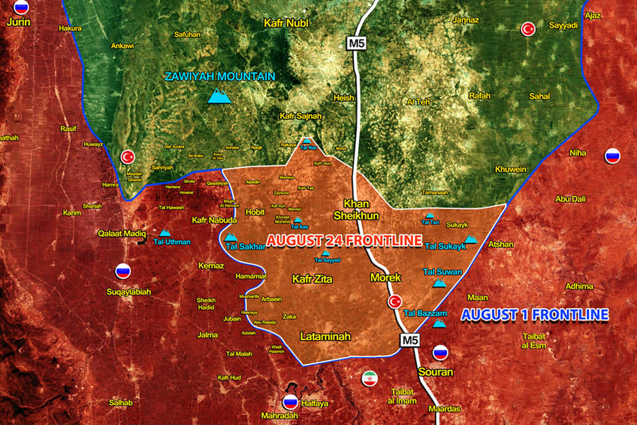 Avances del Ejército Árabe Sirio en el sur del cantón de Idleb y norte de Hama entre el 1 y el 24 de agosto (mapa SouthFront)