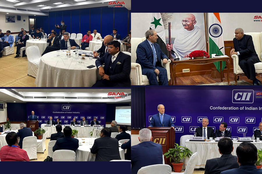 Visita oficial del ministro de Relaciones Exteriores y Expatriados de Siria, Faisal Mikdad, a la India. Reunión con el vicepresidente y con la Federación de Cámaras de Industria de la India (Fotos: SANA)