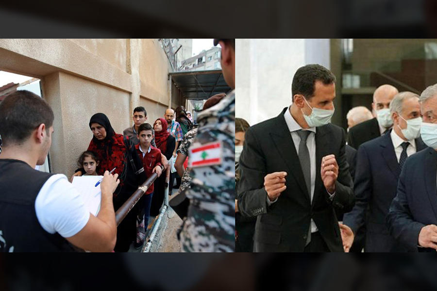 Izq.: Un grupo de refugiados sirios es inspeccionado por personal de seguridad libanés antes de regresar a Siria (Foto: Getty 2018) | Der.: El presidente Asad recibe a Lavrentiev y la alta delegación rusa en Damasco (Octubre 27,2020 – Foto: SANA)