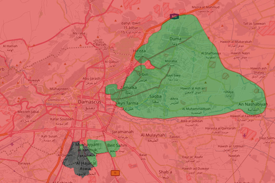 Cantón terrorista de Ghouta Oriental en el conurbano de la capital siria, Damasco (Mapa: SCWMap).