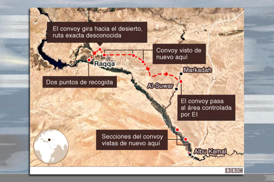 Itinerario del convoy que extrajo el 12 de octubre pasado a los terroristas de DAESH de la ciudad de Raqqa (Mapa BBC).