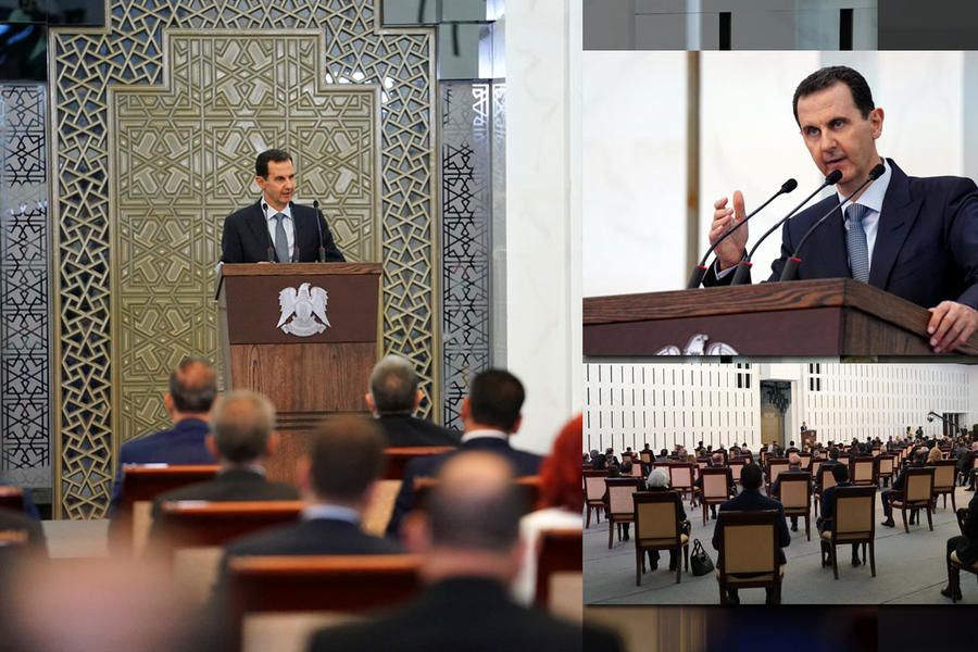 El presidente Bashar Al Asad diserta frente a los nuevos legisladores electos recientemente en los comicios del 19 de julio (Fotos: Presidencia Siria / edición DSL)