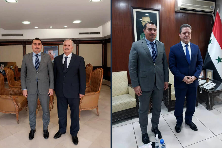 El encargado de negocios de Chile en Siria sostuvo encuentros con el presidente del Colegio de Ingenieros (izq.) y con el ministro de Obras Públicas de Siria (der.) | Fotos: Embajada de Chile en Siria