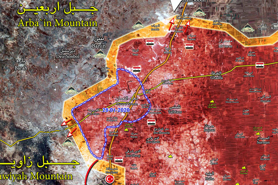 Enclave de Ma'arat al-Nu'man liberado por el Ejército Árabe Sirio | Enero 28,2020 (Mapa ISWN)