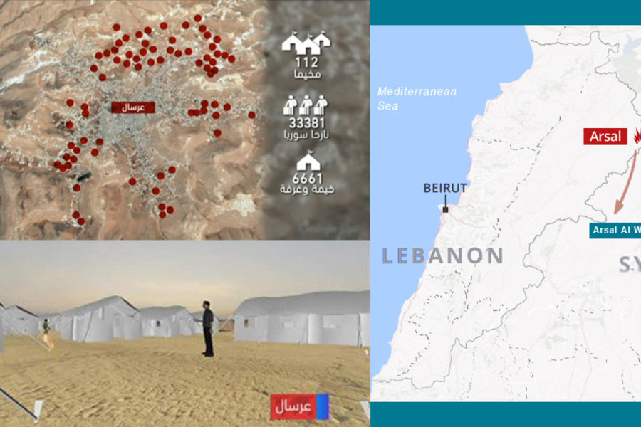 Der: Movimiento Arsal-Arsal Al Ward / Izq. arriba: Distribución de campamentos en la zona de Arsal en Líbano / Izq. abajo: Campamento en Arsal  (Imágenes LBC)