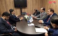 Reunión entre el ministro de energía de EAU, Suhail Al Mazroui, y el ministro de Petróleo y Recursos Minerales de Siria, Bassam Toumeh (Foto: SANA)