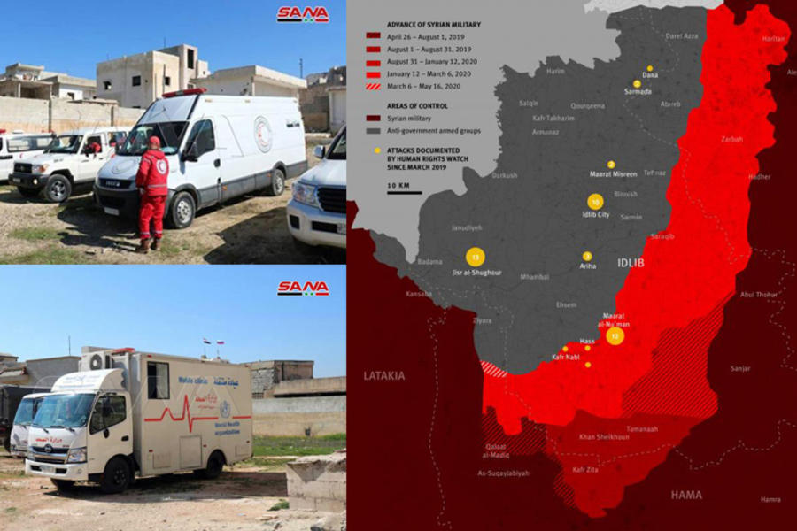Preparativos para recepción de civiles (Fotos: SANA) / Mapa: zonas de control en Idleb (HRW 2020)
