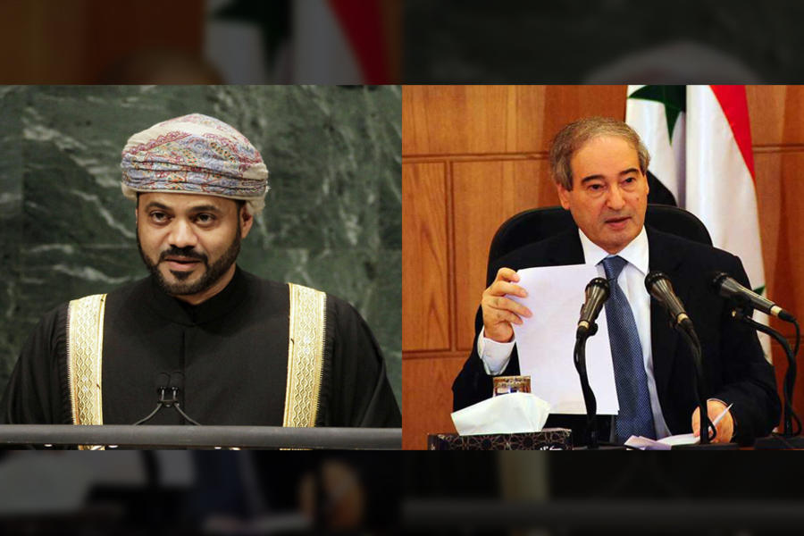 Ministros de Relaciones Exteriores de Omán, Badr bin Hamad Al Busaidi, y de Siria, Faisal Mikdad (Fotos: redes)