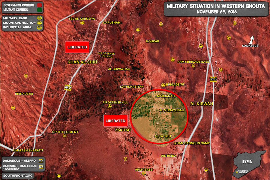Situación en Ghouta Occidental (Nov. 29, 2016) - (Mapa SouthFront).