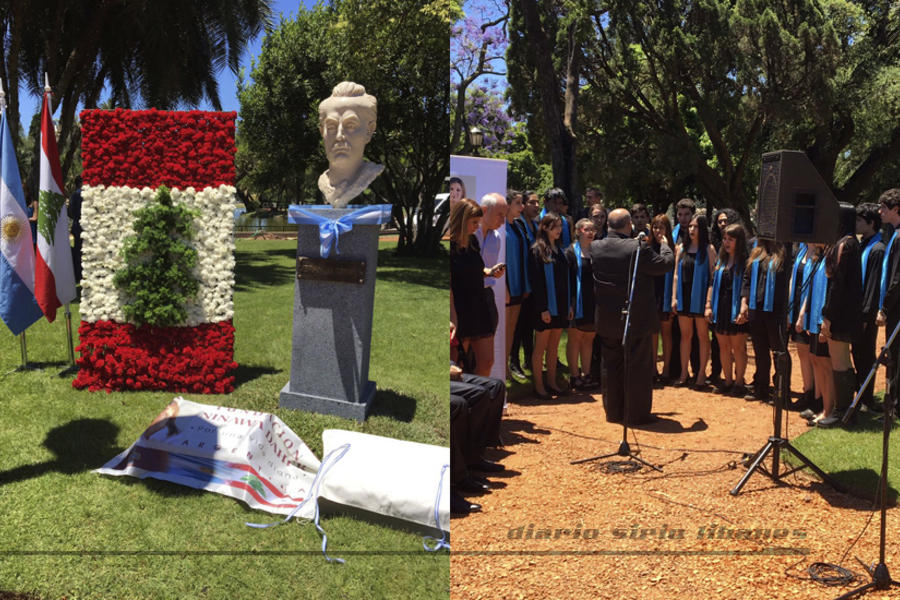 izq.: Busto y placas de Gibran Khalil Gibran; der.: Interpretación del coro "Jóvenes enCantan Buenos Aires"