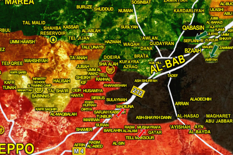 Frente de Al Bab (Prov. de Alepo). En rojo posiciones del EAS, en verde las posiciones de los armados Pro-turcos (Mapa SouthFront).