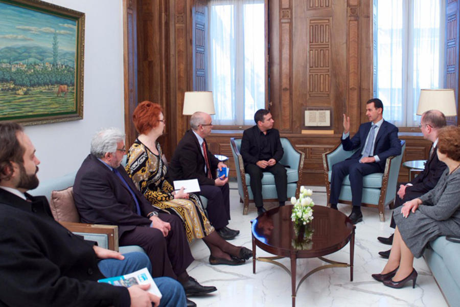 Delegación de parlamentarios europeos con el Presidente Bashar Al Asad. El Prof. Pablo Sapag fue parte de la comitiva (Foto Presidencia Siria).