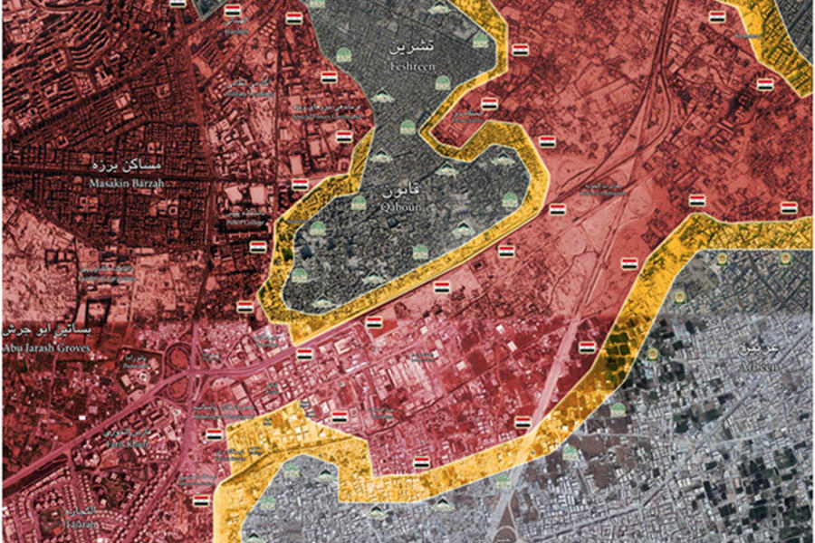 Frente de Ghouta Oriental (Damasco), Marzo 23, 2017 - (Mapa @A7_Mirza). Se observa cerco leal sobre Qabún y conexión con Jobar.