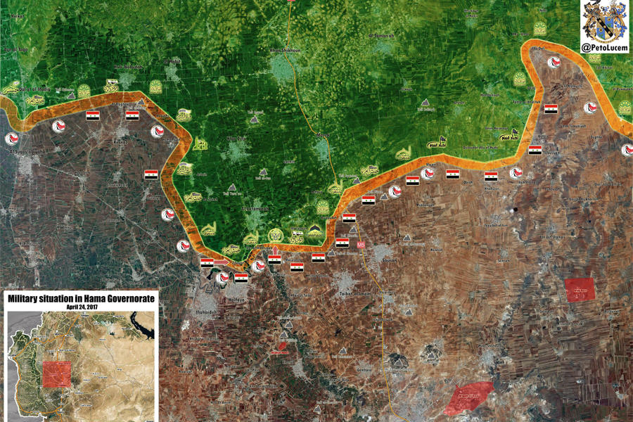 Frente norte Prov. de Hama, Abril 24, 2017. Se observa el importante avance leal - (Mapa @PetoLucem).