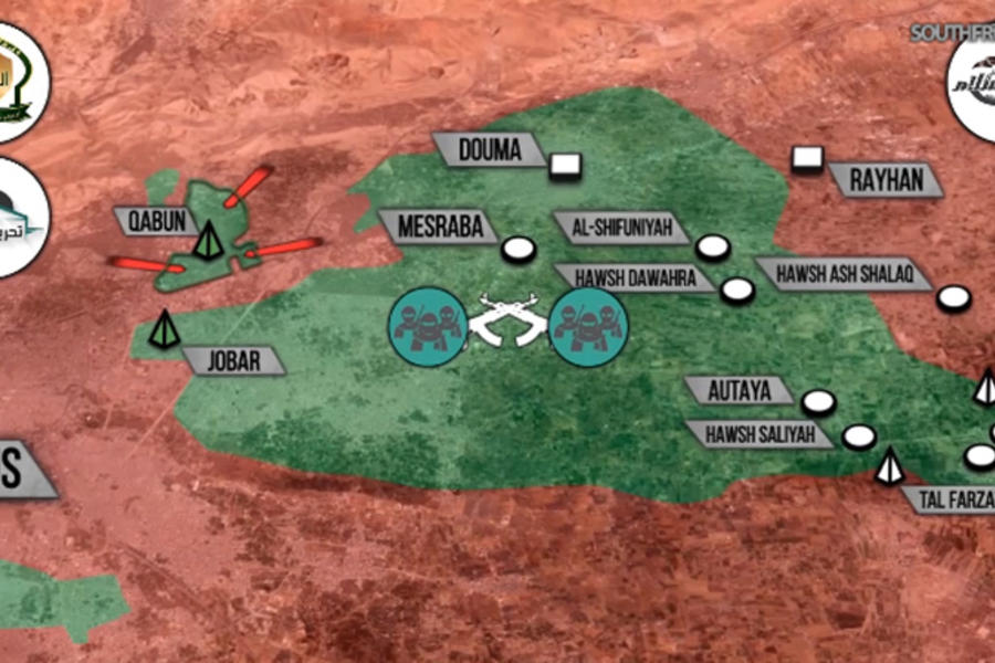 Frente de Ghouta Oriental y separación de Qabún (Prov. de Damasco), Mayo 05, 2017 – (Mapa SouthFront). Se observa el cerco leal sobre Qabún y a la vez las gráficas muestran el enfrentamiento dentro del cantón grande entre las facciones terroristas de Jaish Al Islam y Frente Al Nusra.