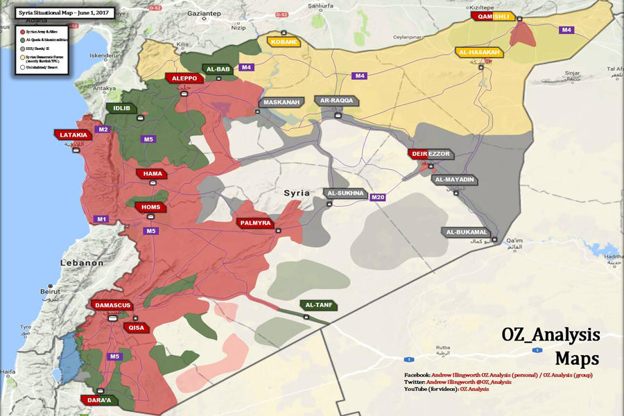 Situación bélica en Siria, Junio 1, 2017 - (Mapa Oz_Analysis).