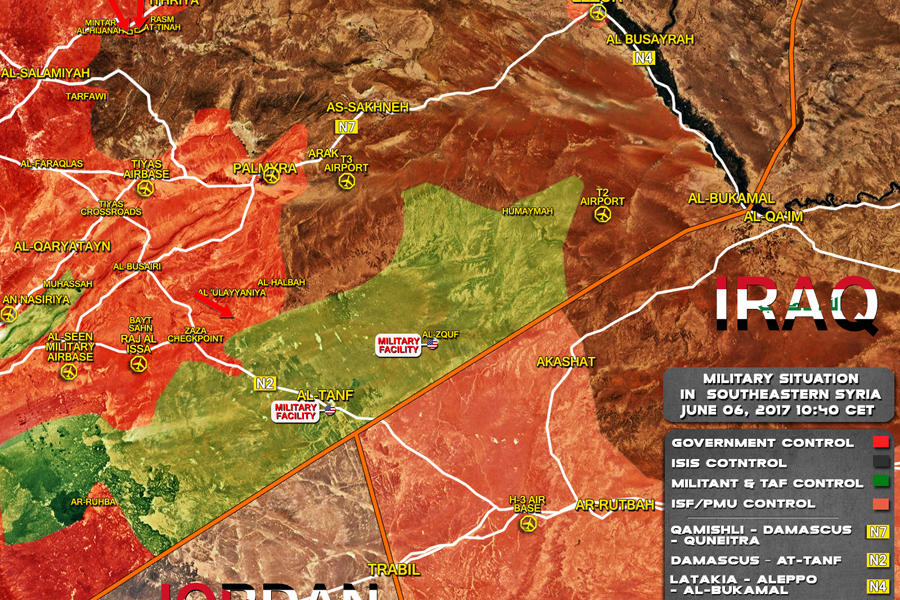 Sudeste de Siria, Junio 6, 2017. Ubicación de bases ilegales de la coalición dirigida por EEUU en la Prov. de Homs – (Mapa SouthFront).