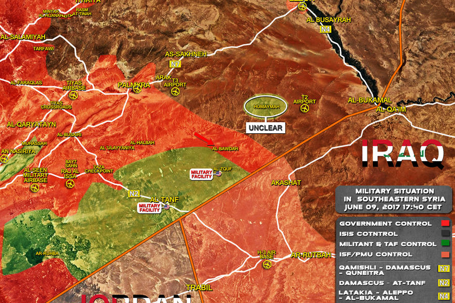 Sudeste de Siria, Junio 9, 2017. Ubicación de bases ilegales de la coalición dirigida por EEUU en la Prov. de Homs y avance del EAS al noreste de Al Tanf – (Mapa SouthFront).