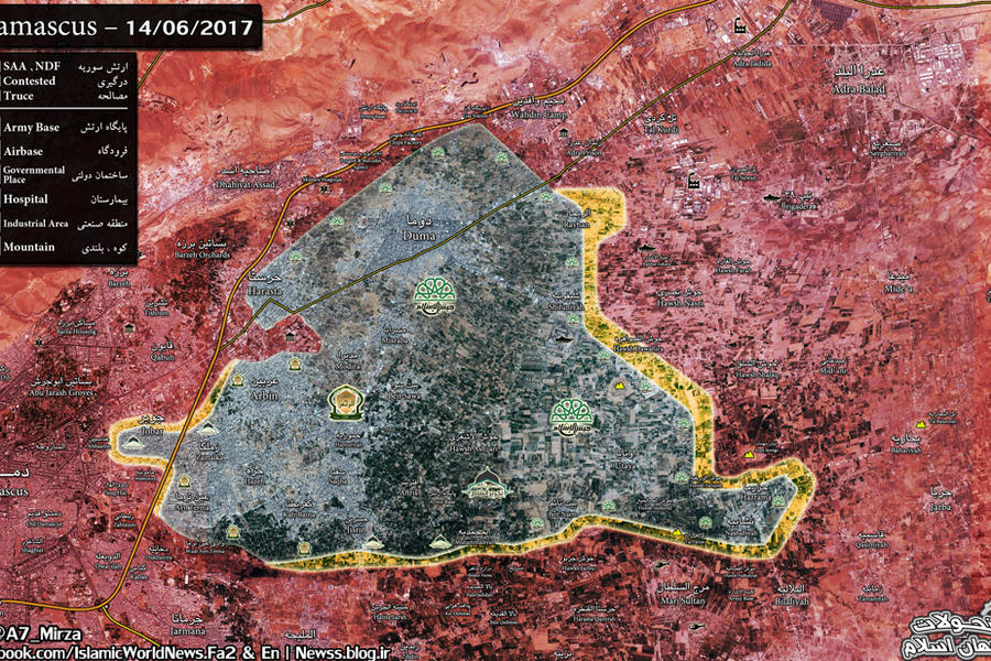 Prov. de Damasco, Junio 14, 2017. Cantón de Ghouta Oriental. Distribución de grupos terroristas - (Mapa @A7_Mirza).