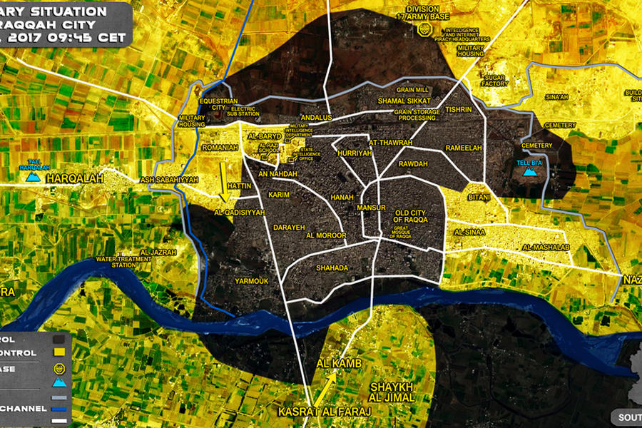 Ciudad de Raqqa (Prov. de Raqqa) Junio 23, 2017 - Avance de kurdos YPG/SDF sobre DAESH – (Mapa SouthFront).