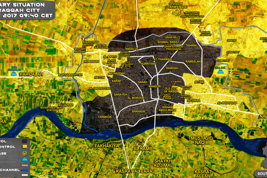 Ciudad de Raqqa (Prov. de Raqqa) / Julio 07, 2017 - Avance de kurdos YPG/SDF sobre DAESH – (Mapa SouthFront).