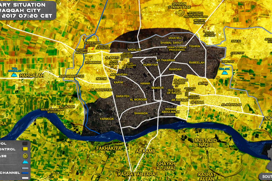 Ciudad de Raqqa (Prov. de Raqqa) / Julio 14, 2017 - Avance de kurdos YPG/SDF sobre DAESH – (Mapa SouthFront).
