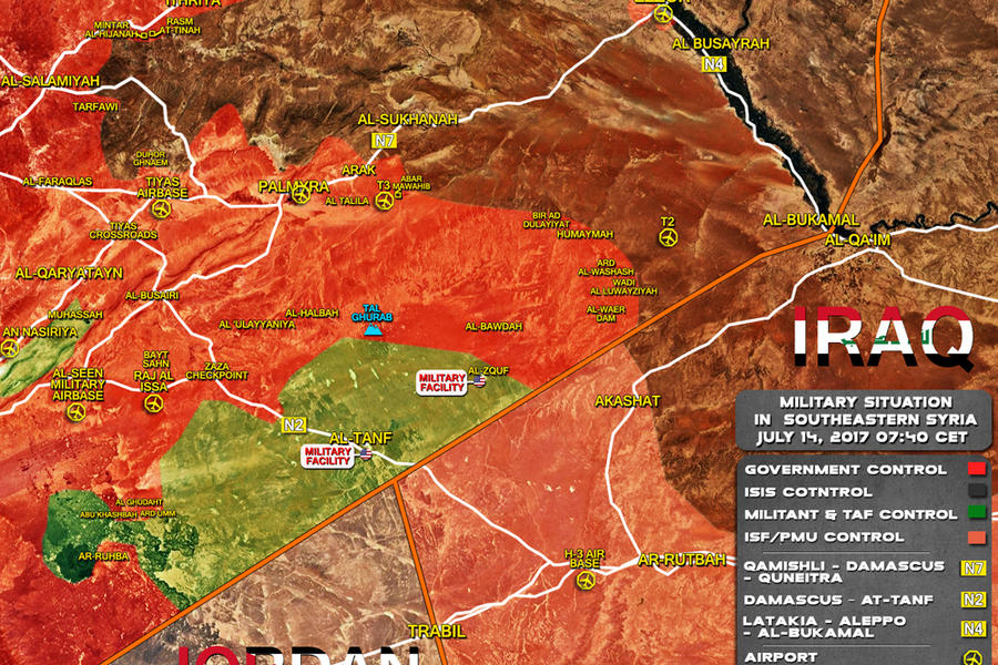 Sudeste de Siria / Julio 14, 2017 - Avance leal en sur de la prov. de Sweida sobre FSA y este de la prov. de Homs sobre DAESH – (Mapa SouthFront).