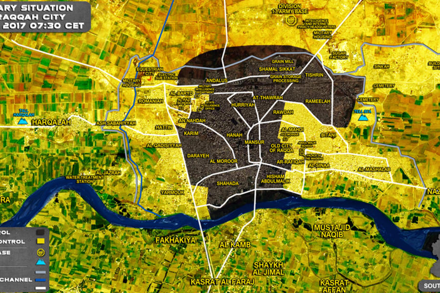 Ciudad de Raqqa (Prov. de Raqqa) / Julio 21, 2017 - Avance de kurdos YPG/SDF sobre DAESH – (Mapa SouthFront).