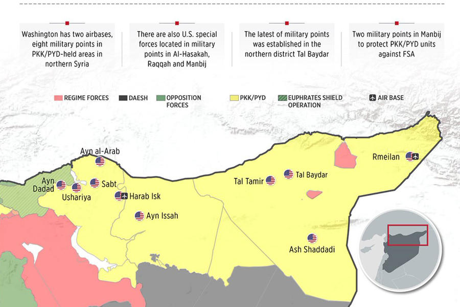 Norte de Siria, cantón kurdo (Provincias de Alepo / Deir Ezzor / Hasakah) / Julio 20, 2017 – Ubicación de 10 bases ilegales estadounidenses – (Mapa Anadolu).