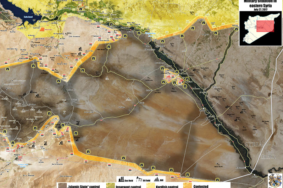 Este de Siria / Julio 27, 2017 – Operativo hacia Deir Ezzor, avance leal sobre DAESH al sur de la Prov. de Raqqa y al este de la Prov. de Homs. (Mapa @PetoLucem).