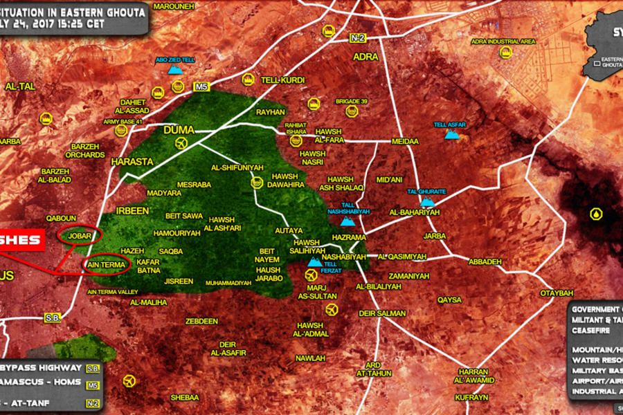 Prov. de Damasco (Ghouta Oriental) / Julio 24, 2017 – Ubicación de Ayn Tarma y Jobar – (Mapa SouthFront).