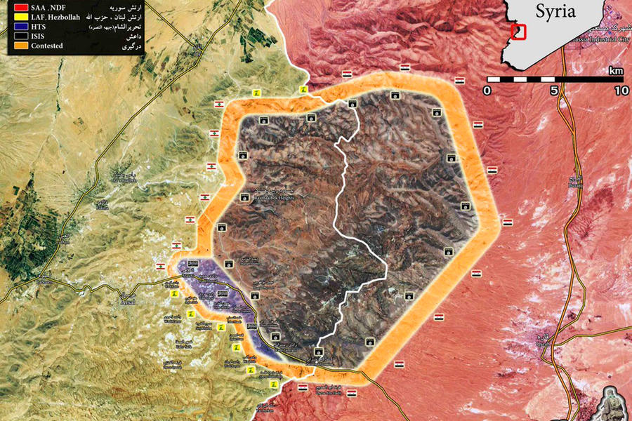 Prov. de Damasco (Oeste del Qalamoun) / Julio 27, 2017 – Operación a ambos lados de la frontera sobre Al Nusra y DAESH. Primera fase: limpieza del área con presencia de Al Nusra (azul); aún pendiente DAESH (gris) – (Mapa @A7_Mirza).