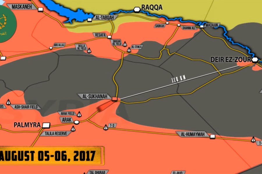 Liberación de Sukhna, (Prov. de Homs) marcando su distancia de 110Km. hasta la cercada Deir Ezzor / Agosto 5 y 6, 2017 - (Mapa SouthFront).