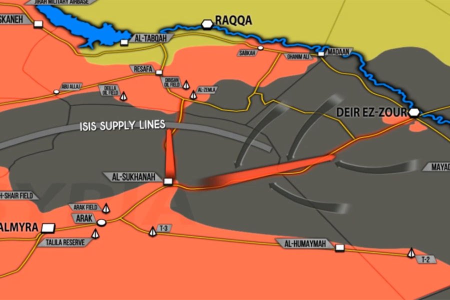 Ambas flechas rojas indican las dos opciones de las tropas leales tras la liberación de Sukhna - (Mapa SouthFront).