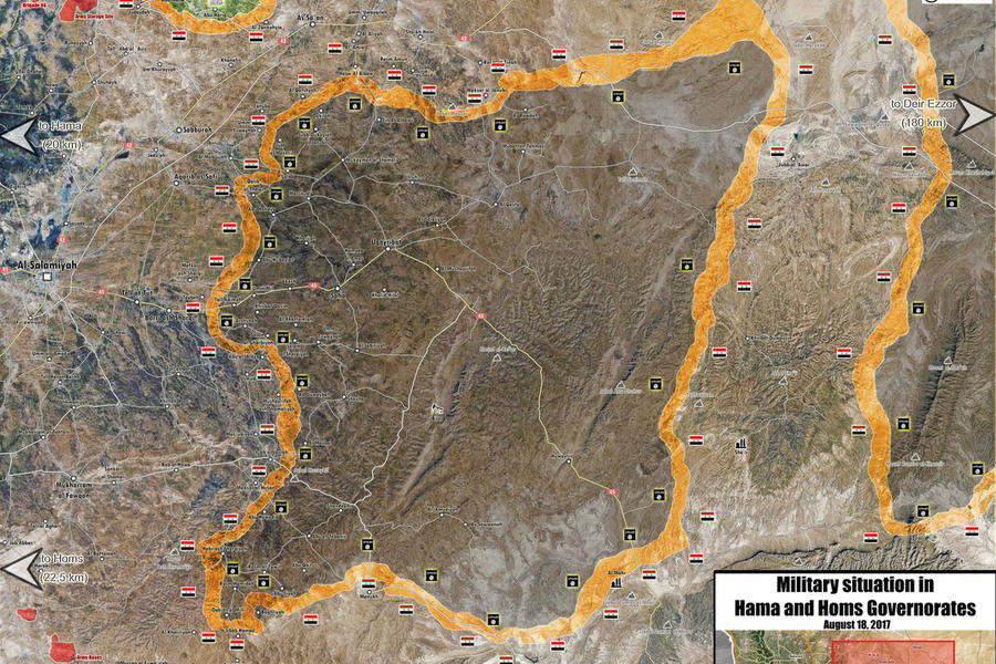 Provincia de Hama / Agosto 18, 2017 – Cantonizacion de Uqayrabat en el este provincial - (Mapa @PetoLucem).