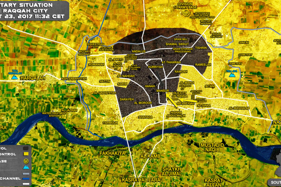 Ciudad de Raqqa (Prov. de Raqqa) / Agosto 23, 2017 - Avance de kurdos YPG/SDF sobre DAESH – (Mapa SouthFront).