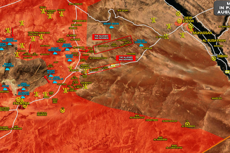 Provincia de Homs (Sukhna) / Agosto 25, 2017 – Cantón al norte de Palmira y avance hacia Deir Ezzor - (Mapa SouthFront).  