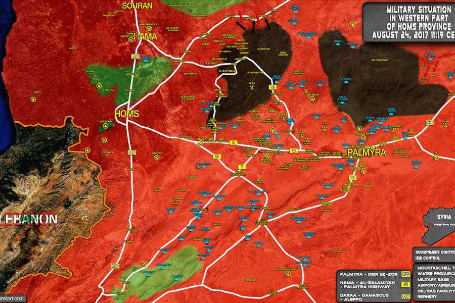 Provincia de Homs (Palmira) y este de Hama / Agosto 24, 2017 – DAESH cercado en dos cantones - (Mapa SouthFront).  