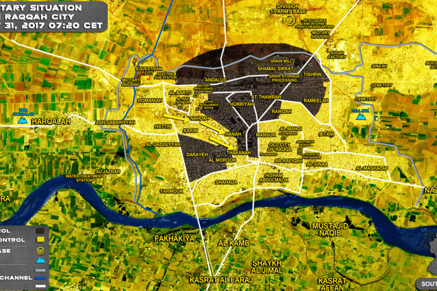 Ciudad de Raqqa (Prov. de Raqqa) / Agosto 31, 2017 - Avance de kurdos YPG/SDF sobre DAESH – (Mapa SouthFront).