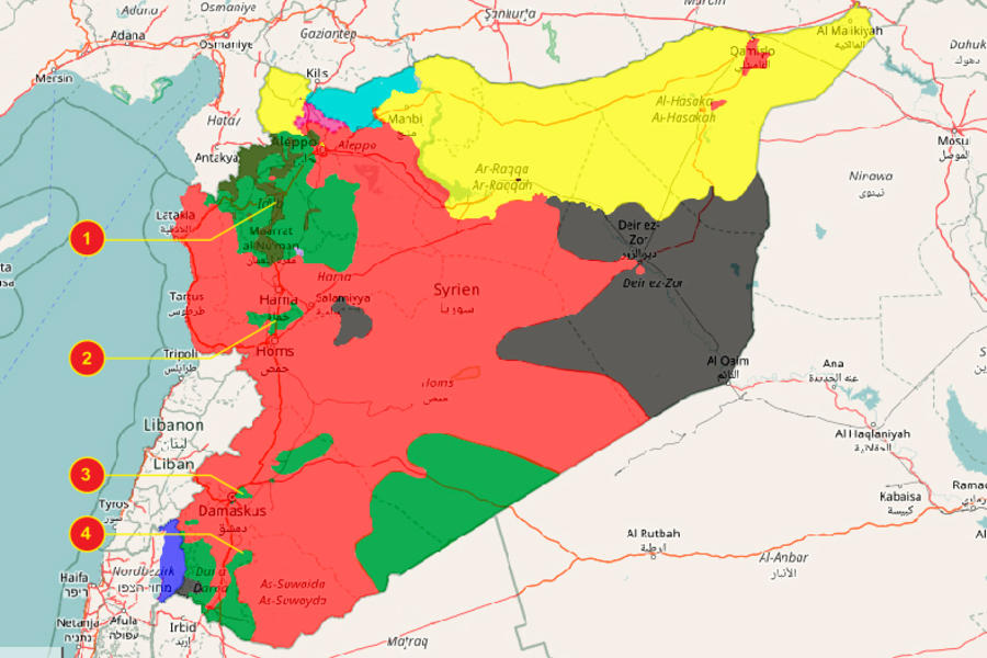 Zonas de distensión: 1] Idleb   2] Norte de Homs   3] Ghouta Oriental   4] Sudoeste  (Mapa DSL / Syriacivilwarmap).