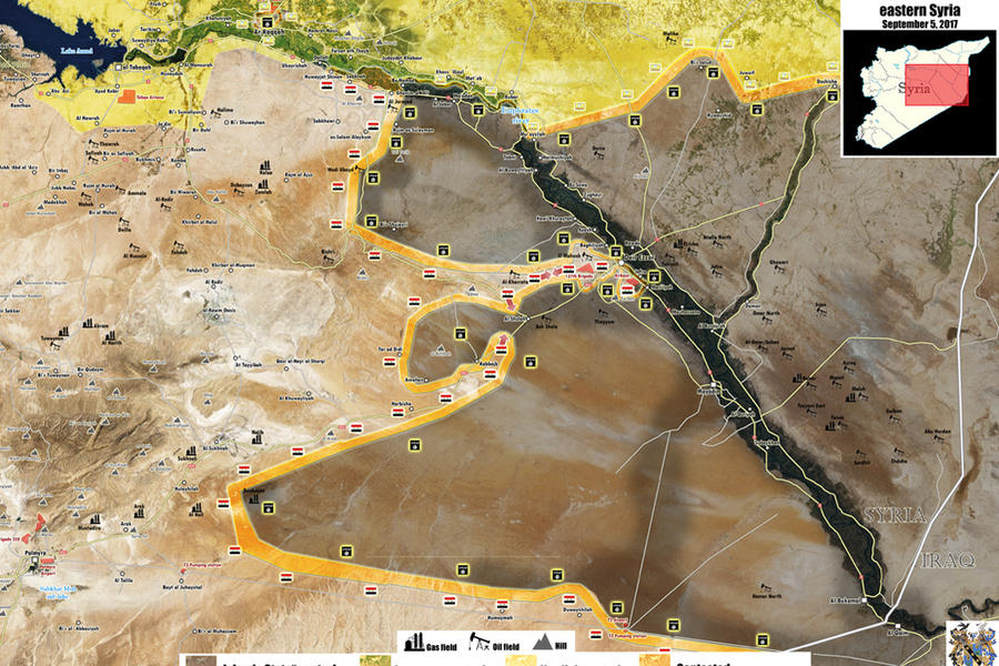 El Ejército Árabe Sirio ingresa a la provincia de Deir Ezzor y quiebra el cerco a la capital provincial tras tres años de asedio terrorista / Septiembre 5, 2017 – (Mapa @PetoLucem).