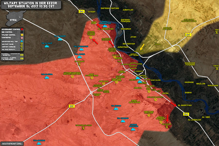 Prov. de Deir Ezzor / Septiembre 15, 2017 – Avance leal en la ciudad desde el sudoeste y avance kurdo desde el banco noreste del Éufrates - (Mapa SouthFront).  