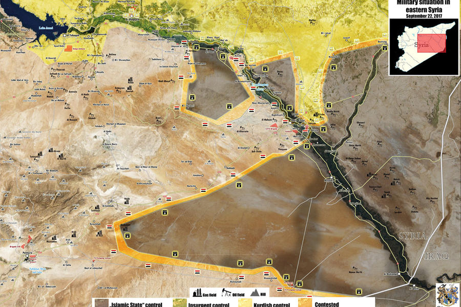 Prov. de Deir Ezzor / Septiembre 22, 2017 – Avance leal al sudeste y noroeste de la ciudad y avance kurdo desde el banco noreste del Éufrates - (Mapa @PetoLucem).  